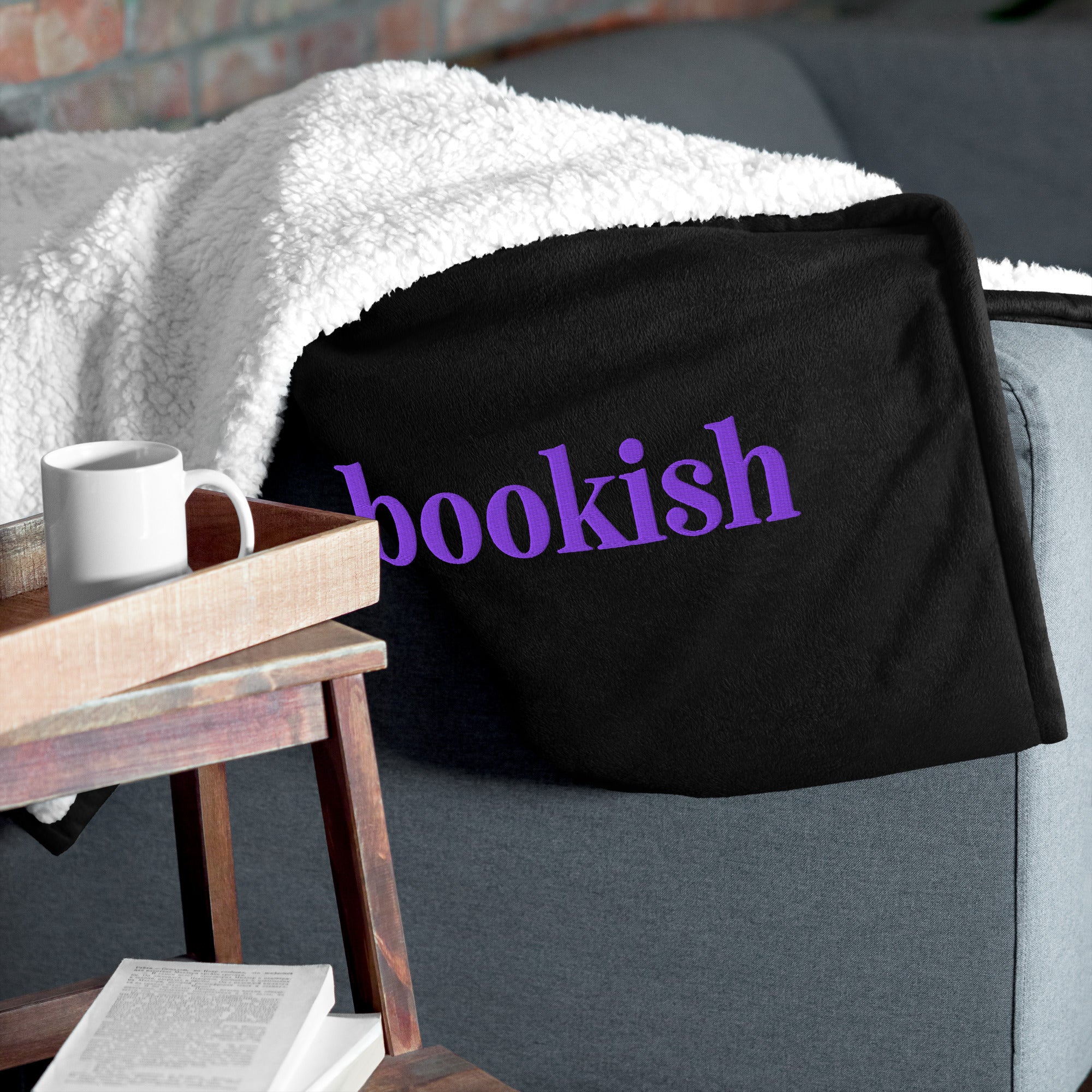 Purple BOOKISH Embroidered Sherpa Blanket