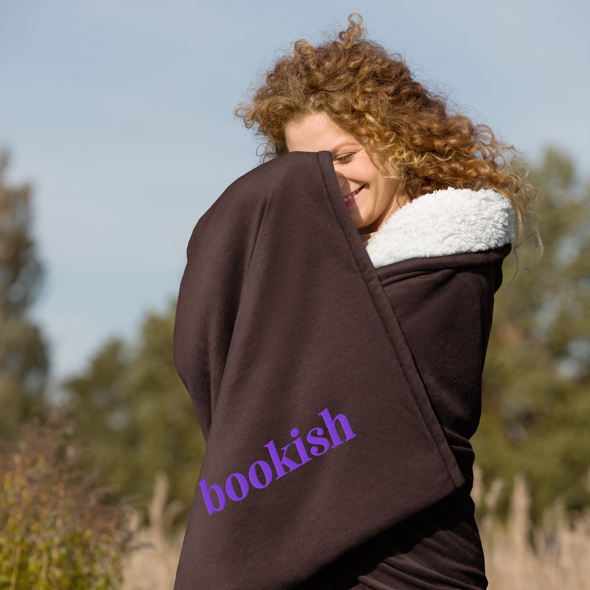 Purple BOOKISH Embroidered Sherpa Blanket
