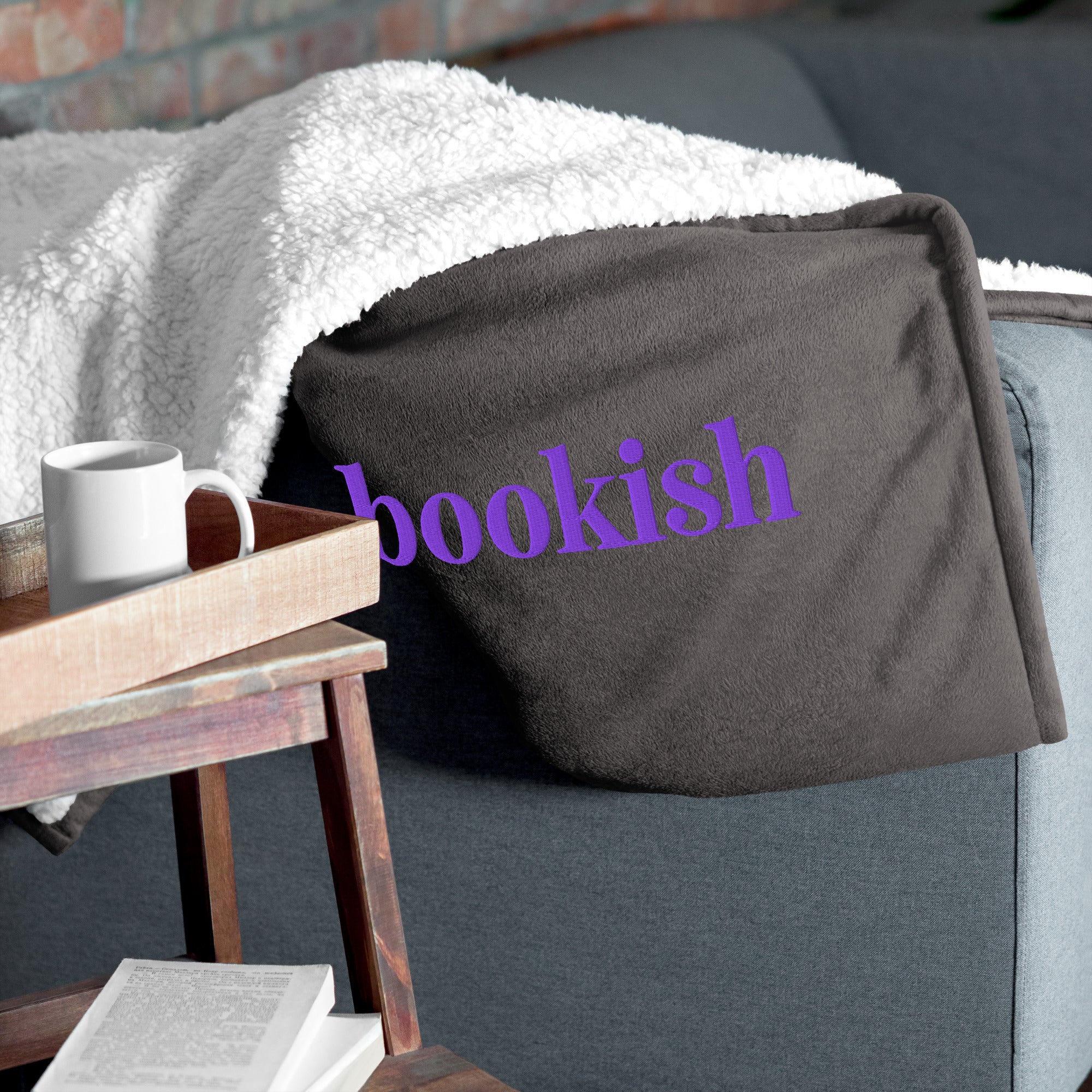 Purple BOOKISH Embroidered Sherpa Blanket