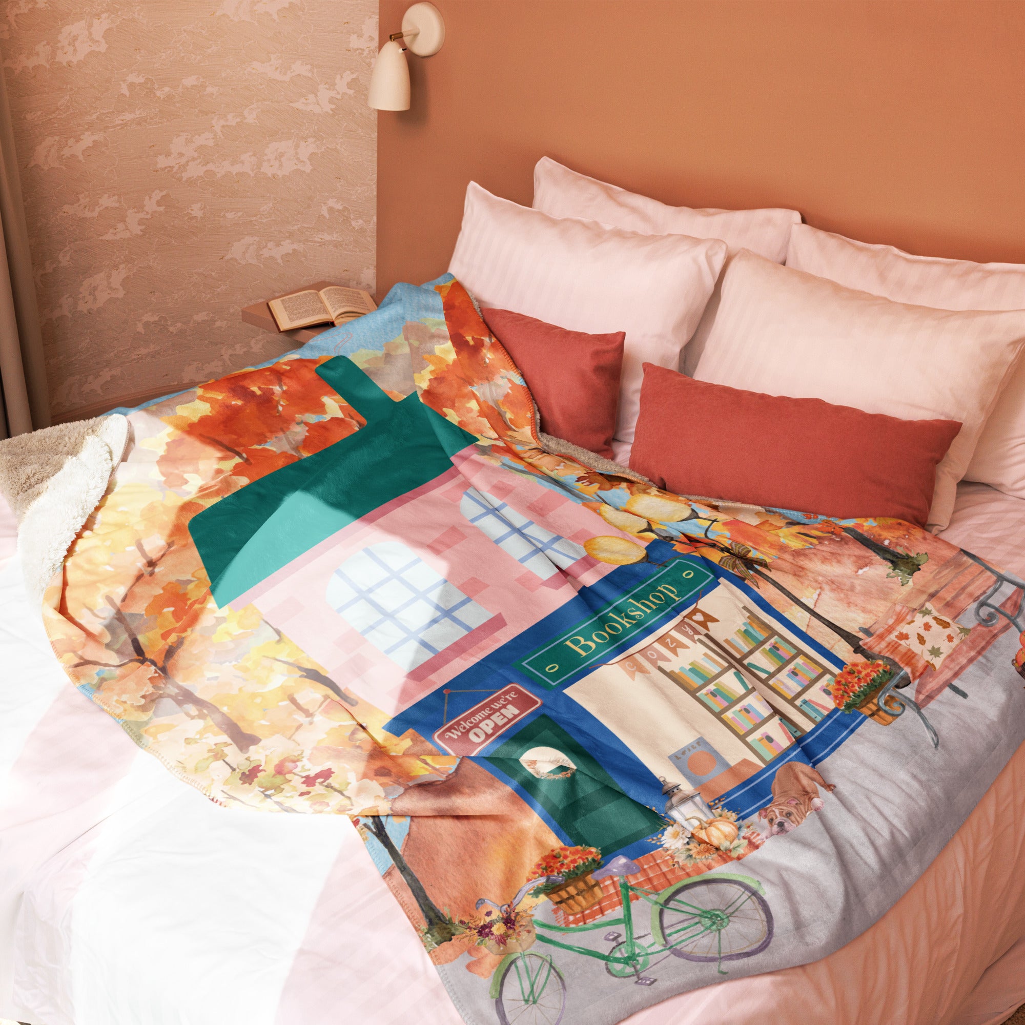 Cozy Autumn Bookshop Sherpa blanket