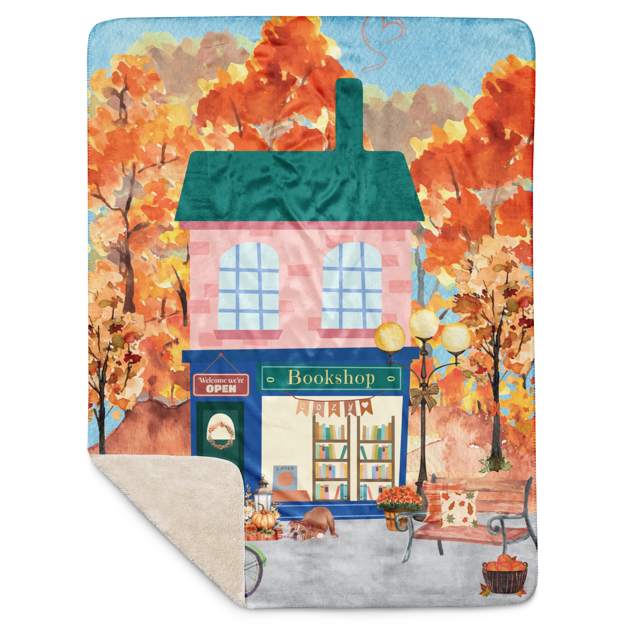 Cozy Autumn Bookshop Sherpa blanket